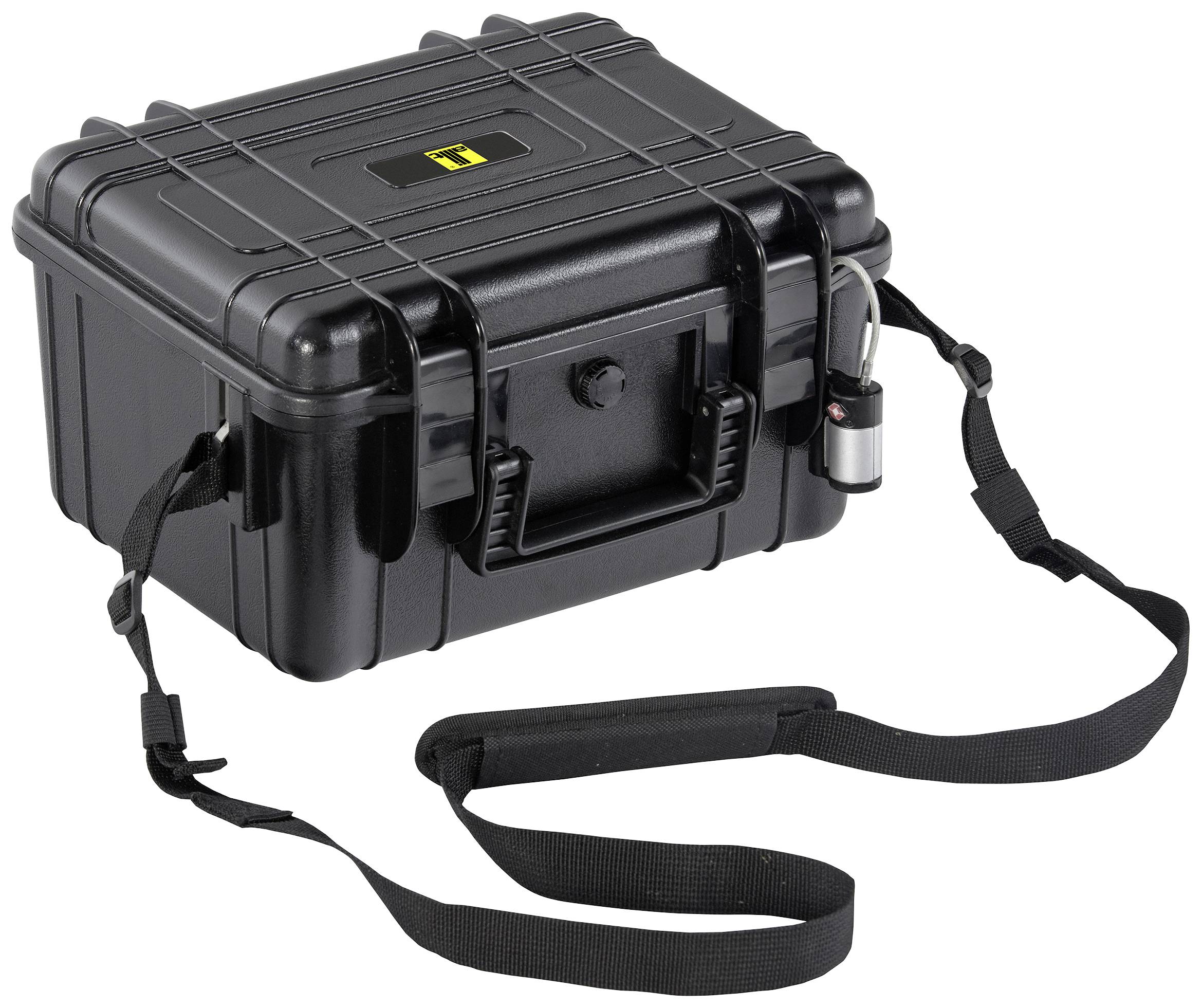 Czarny twardy futerał ochronny z paskiem do noszenia i zamkiem szyfrowym, idealny do bezpiecznego transportu delikatnego sprzętu.