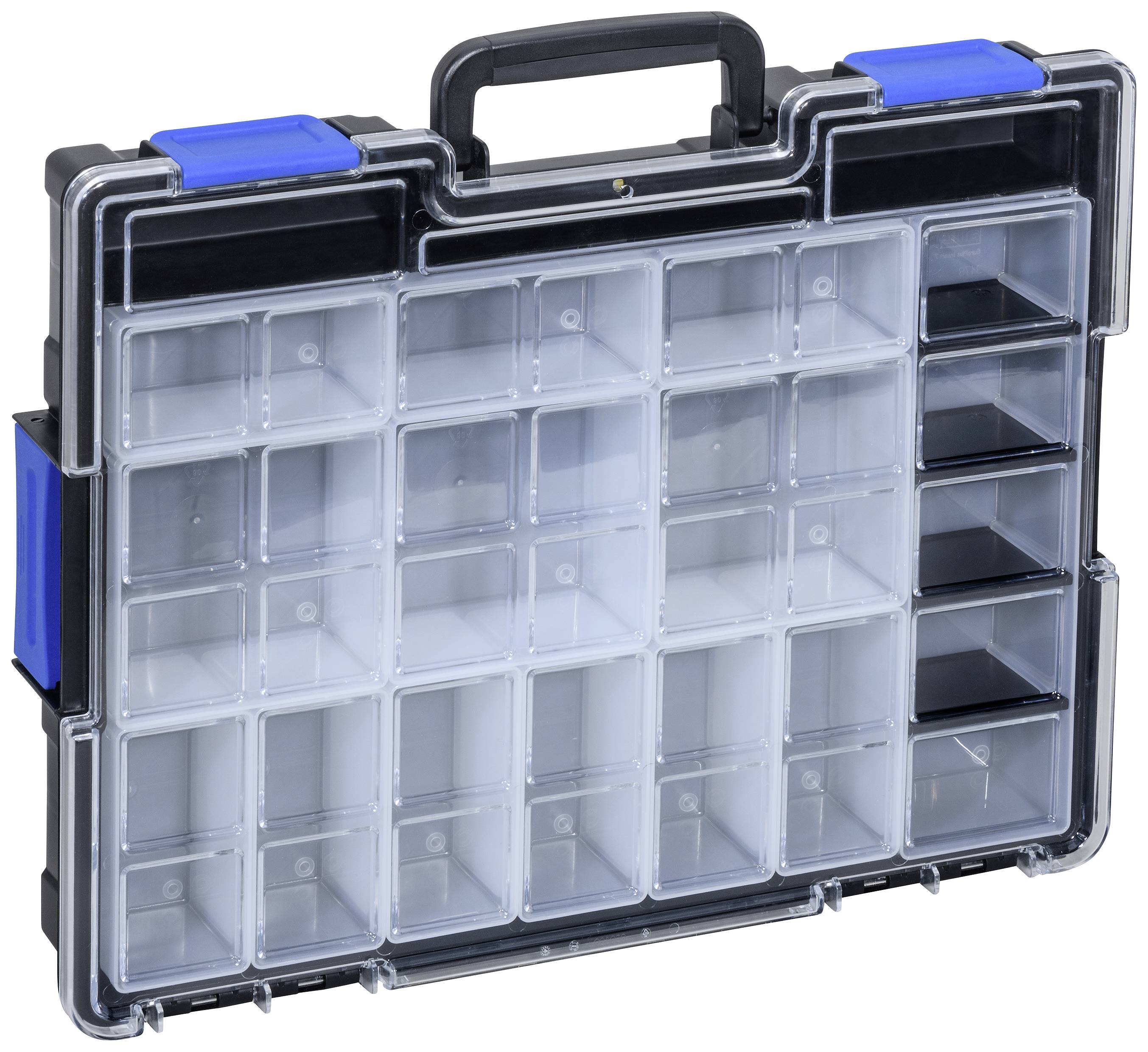 Przezroczyste pudełko organizacyjne z tworzywa sztucznego z uchwytem i wieloma małymi przegródkami do schludnego przechowywania drobnych przedmiotów.