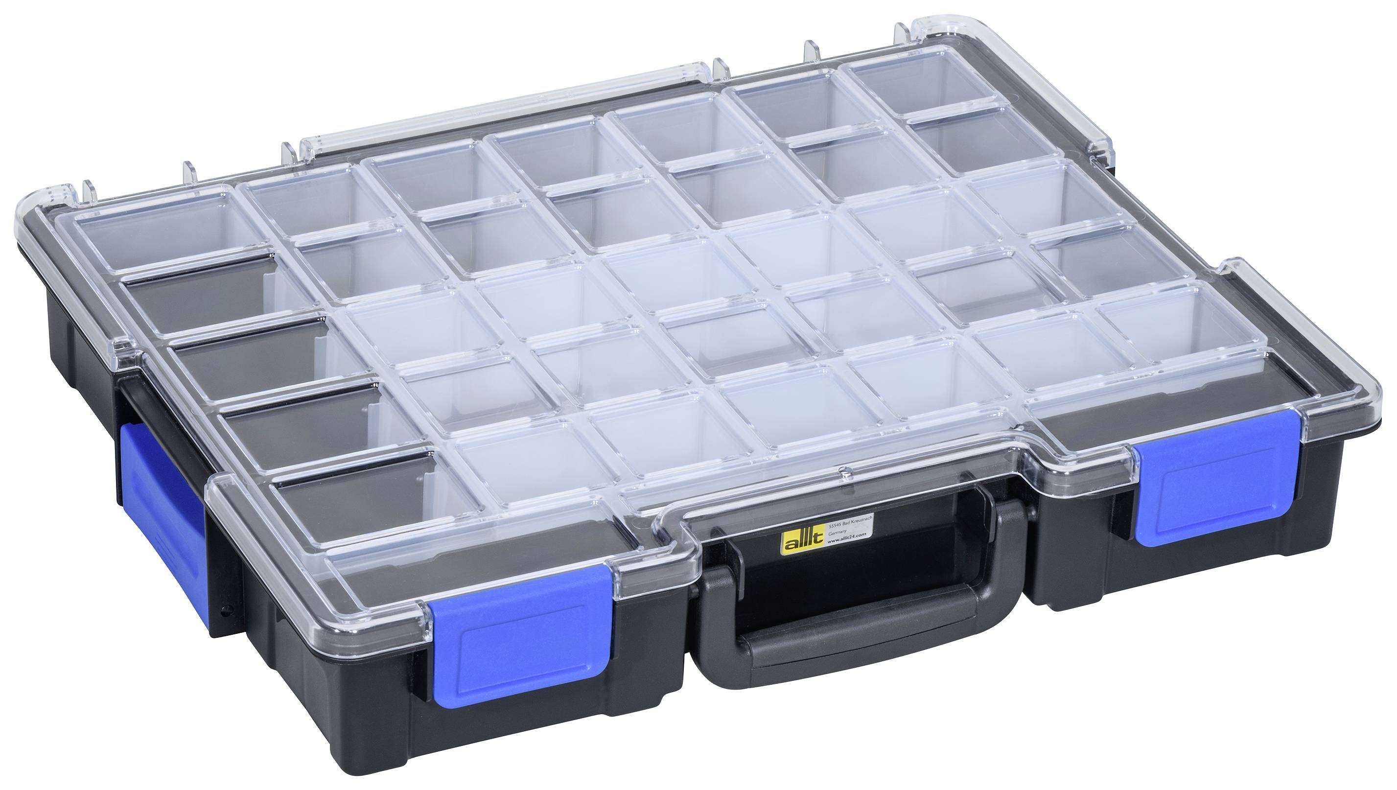 Przezroczysty plastikowy kuferek z niebieskimi uchwytami i wieloma przegródkami do przechowywania drobnych elementów.