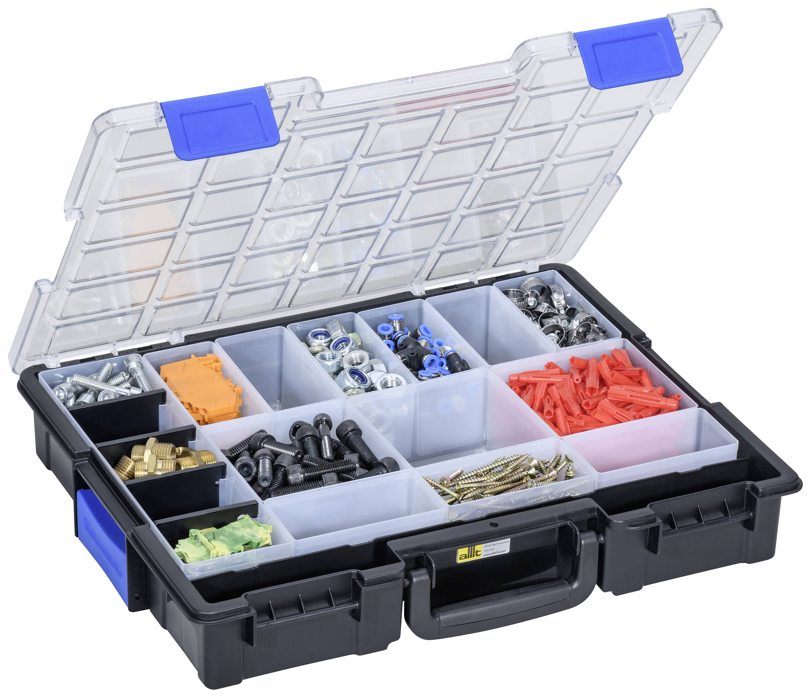 Otwarty plastikowy organizer z wieloma przegródkami, wypełniony różnymi śrubami, kołkami i elementami mocującymi.