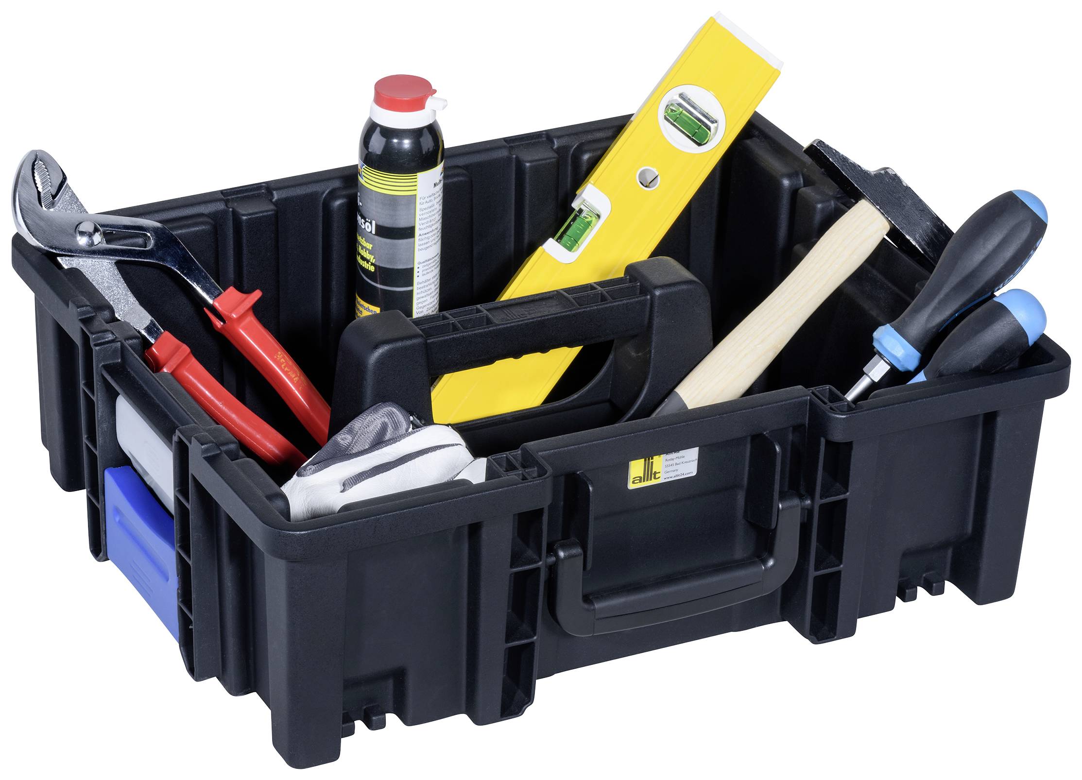 Czarny zestaw narzędziowy z różnymi narzędziami, takimi jak młotek, śrubokręt i poziomnica. Idealny do prac majsterkowiczów.