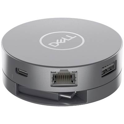 Kompaktowy, okrągły adapter z logo Dell, oferujący złącza USB-C, Ethernet i HDMI.