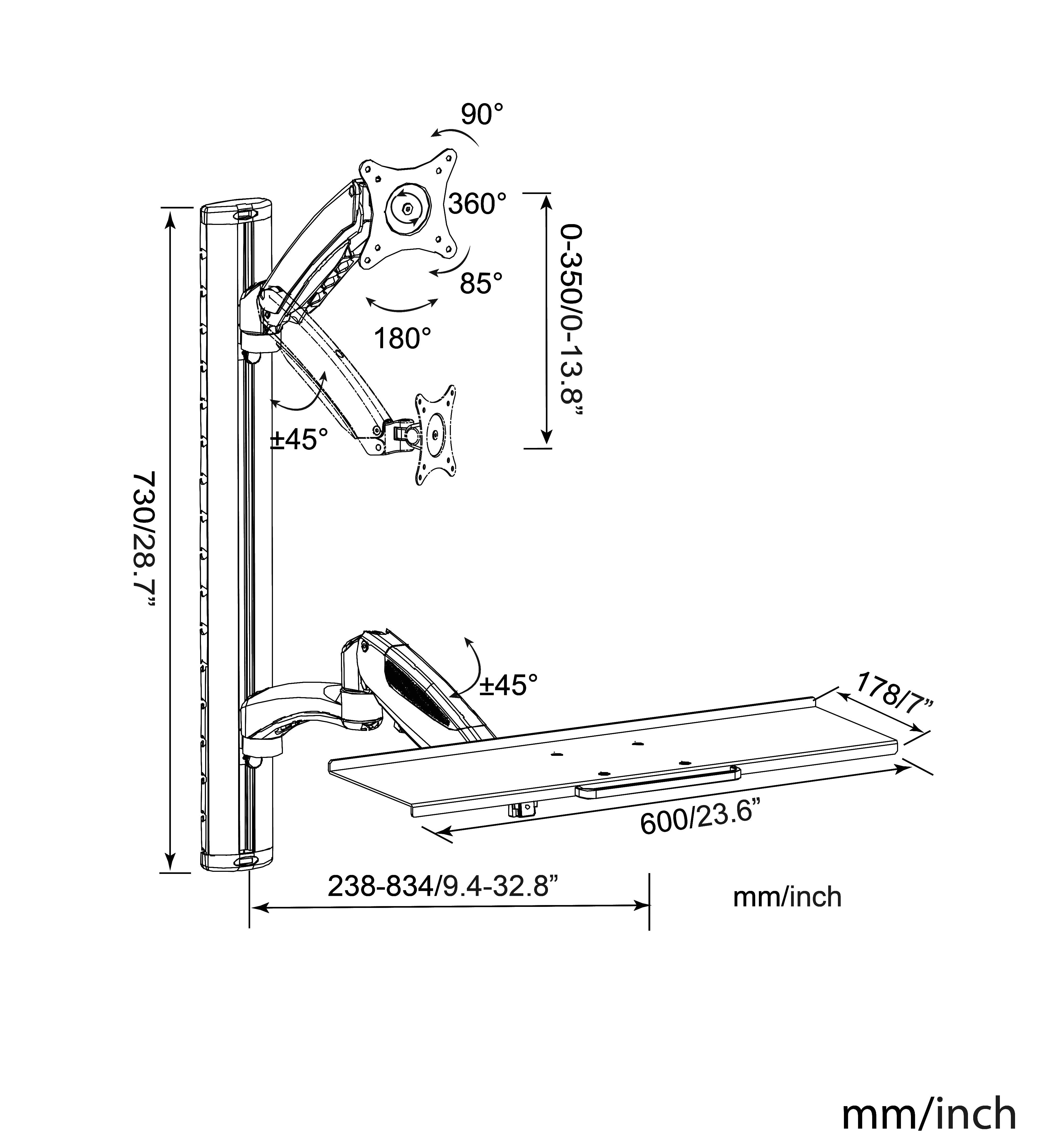Diagram montażu monitora pokazujący wymiary: wysokość 730 mm/28,7", rozciąg ramienia 0-350 mm/0-13,8", szerokość tacki 600 mm/23,6"; regulowana pochylenie i obrót.