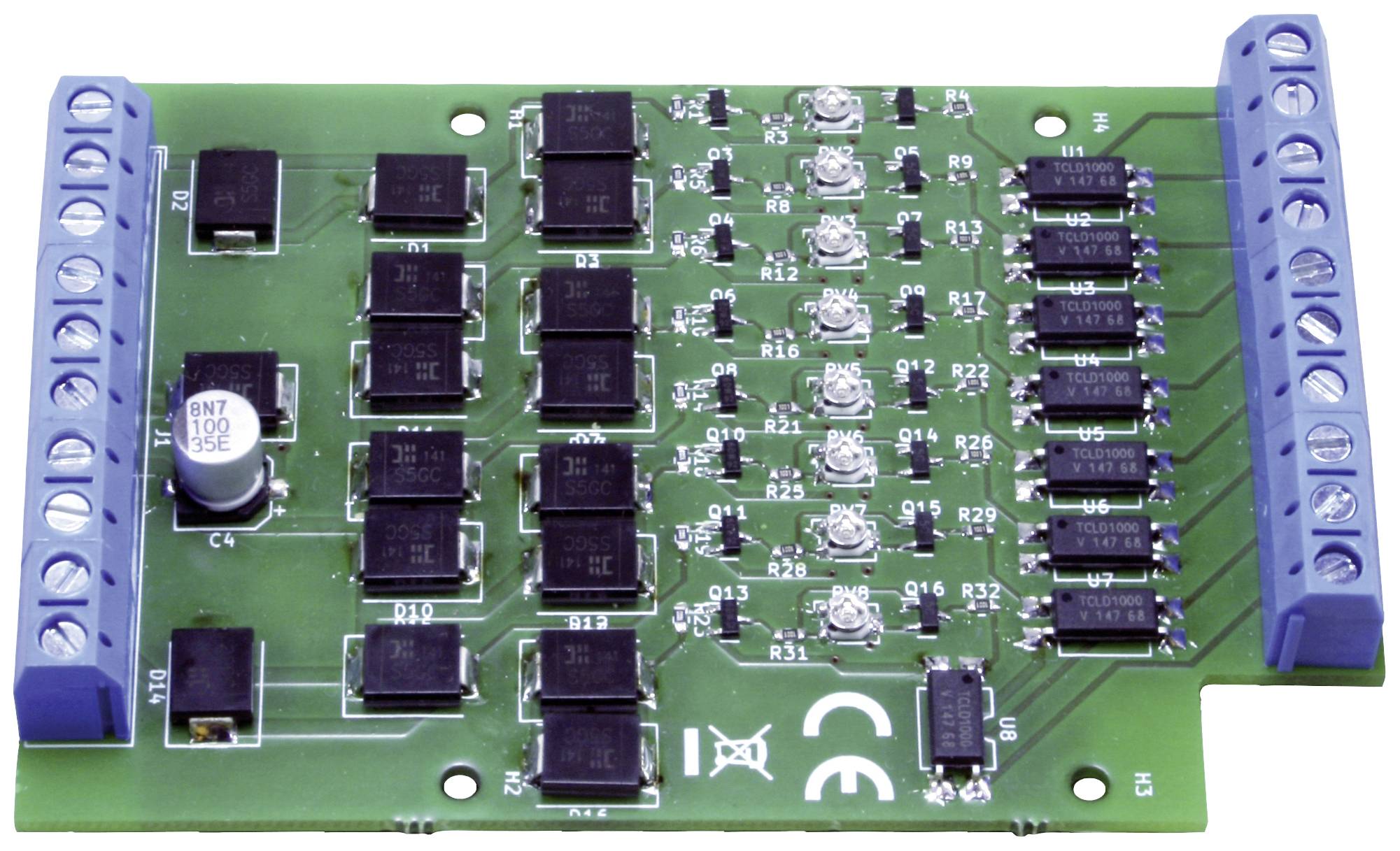 Zielona płytka drukowana z kilkoma czarnymi chipami i niebieskimi złączami. Jest wyposażona w obwody i komponenty elektroniczne.