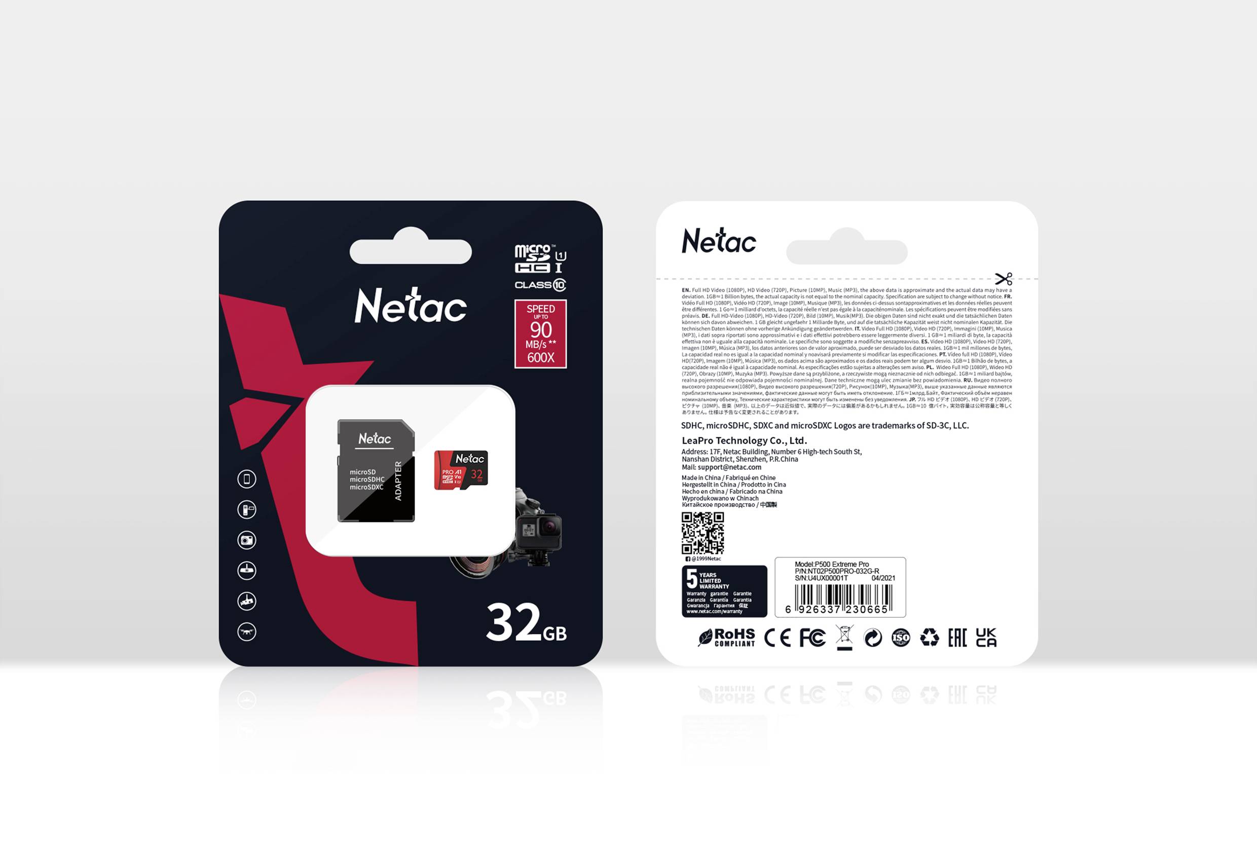 Opakowanie karty microSD Netac o pojemności 32 GB, przeznaczonej do użytku w aparatach fotograficznych, o klasie prędkości 10 i maksymalnej prędkości odczytu wynoszącej 90 MB/s.