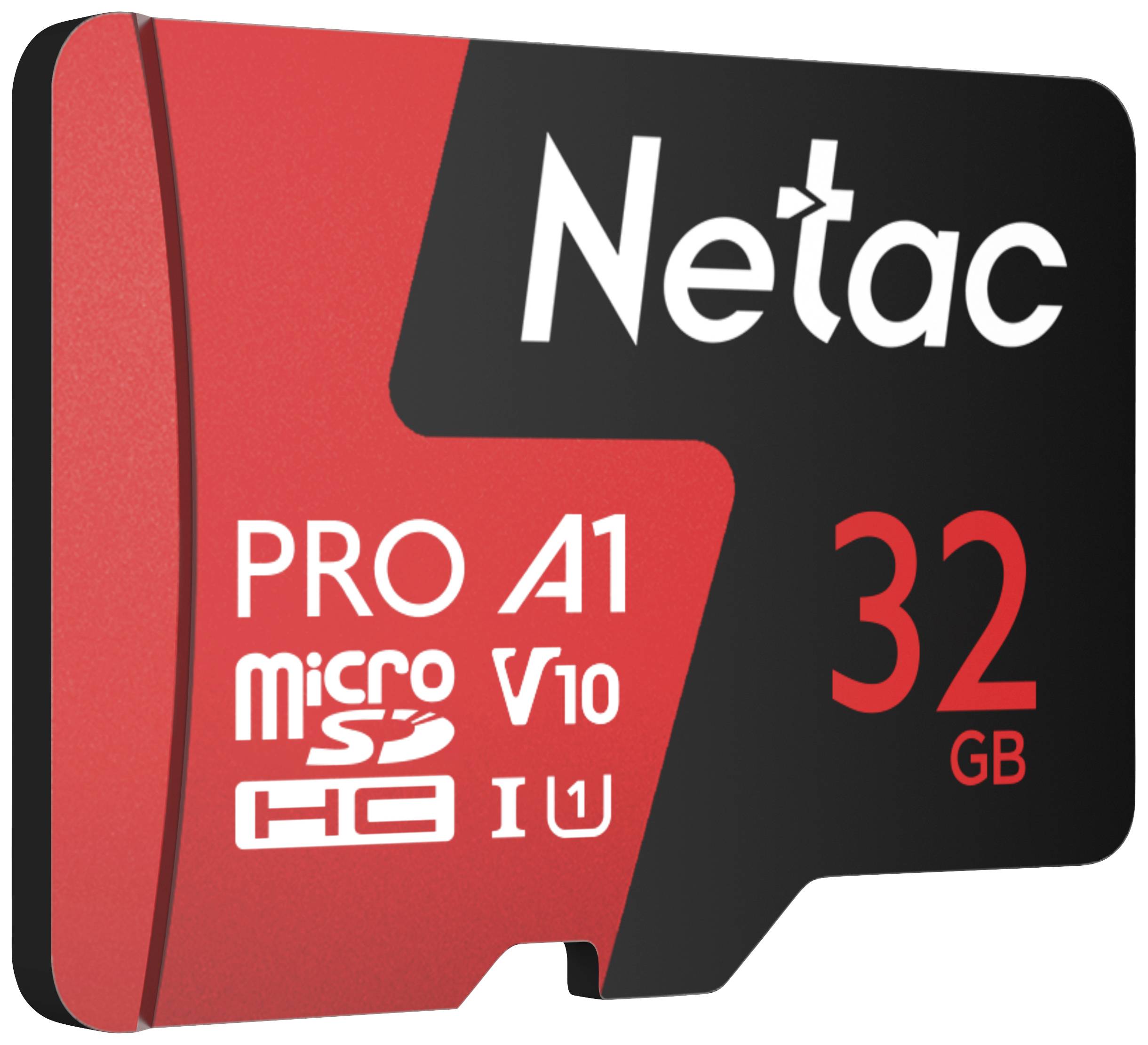 Karta Micro SD o pojemności 32 GB firmy Netac, w czerwono-czarnym designie, z oznaczeniami: 'PRO A1', 'V10', 'HC I'.