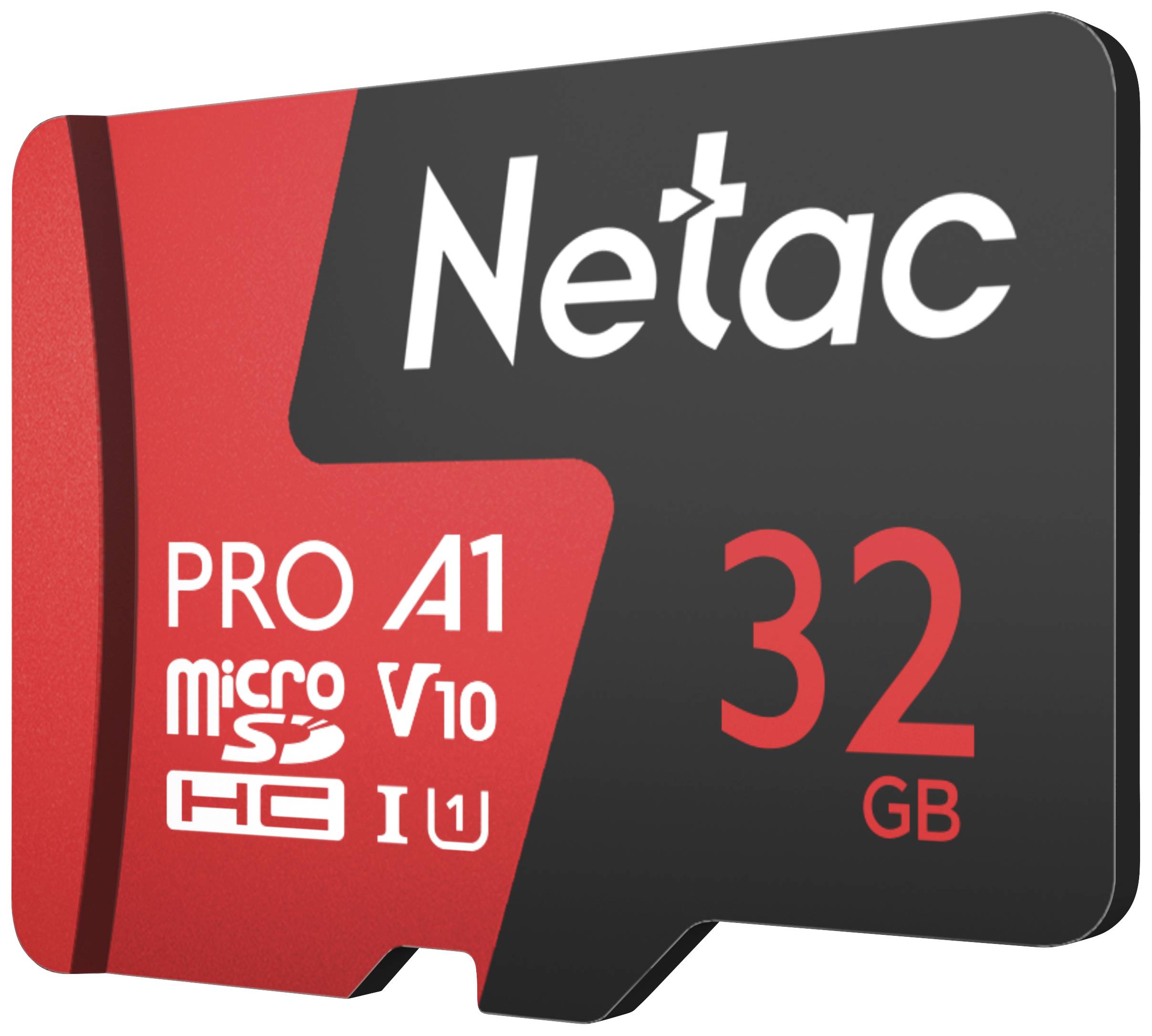 Karta microSD Netac o pojemności 32 GB, klasy 10, standardzie V10 i A1. Czarna i czerwona karta z białym i czerwonym nadrukiem.