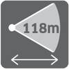 Znak drogowy przedstawia lejek z napisem '118m', co wskazuje na zwężenie drogi. Poniżej znajdują się podwójne strzałki.