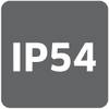 Znak 'IP54' na strukturyzowanym tle wskazuje stopień ochrony: ograniczona ochrona przed pyłem, chroniony przed rozbryzgami wody.