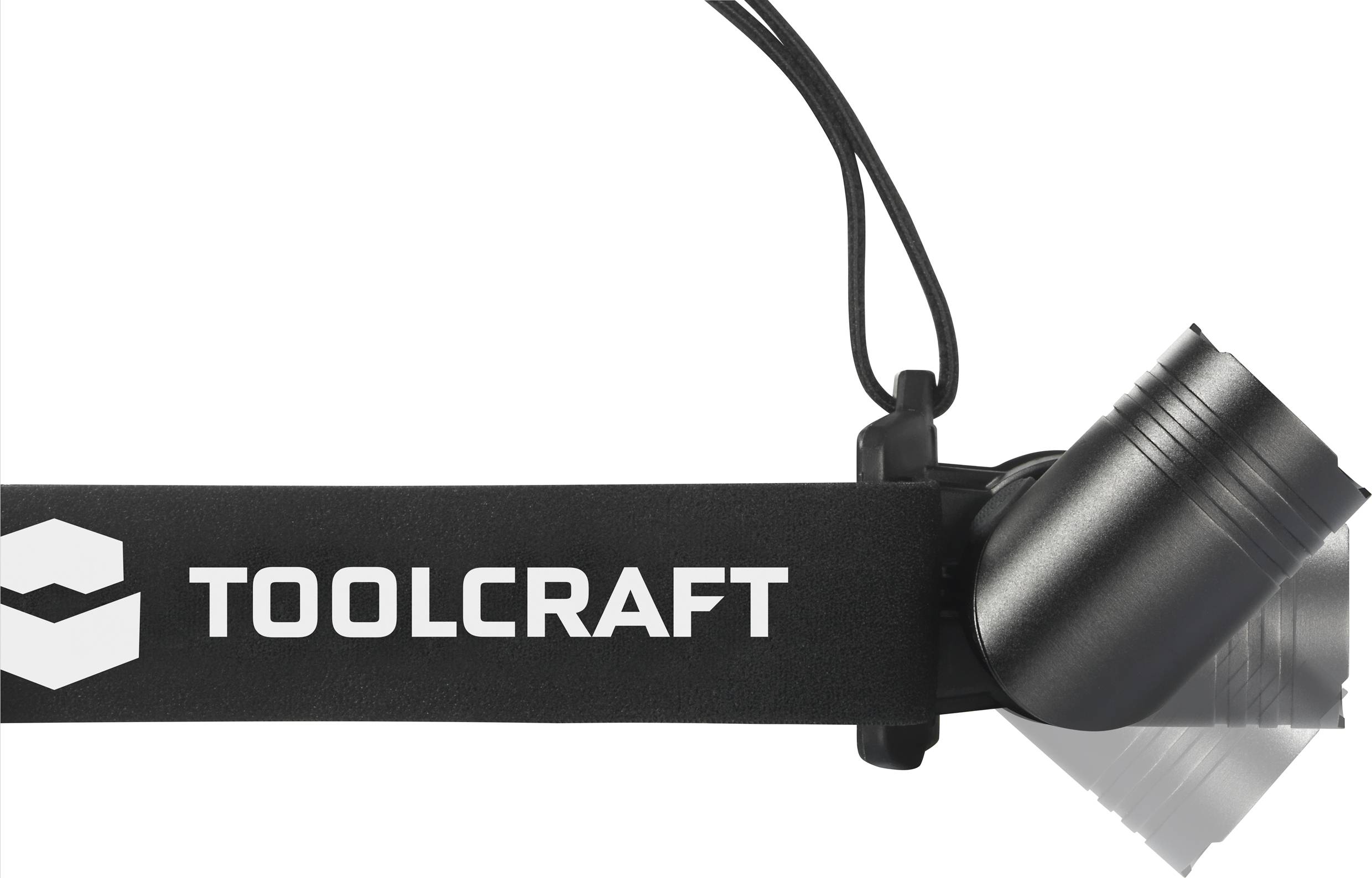 Czołówka LED TOOLCRAFT w kolorze czarnym z regulowanym paskiem i reflektorem umieszczonym po prawej stronie, doskonała do zastosowań outdoorowych.
