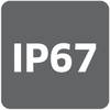 Symbol 'IP67' oznacza stopień ochrony przed pyłem i wodą, odpowiedni dla urządzeń całkowicie odpornych na pył oraz chronionych przed tymczasowym zanurzeniem.