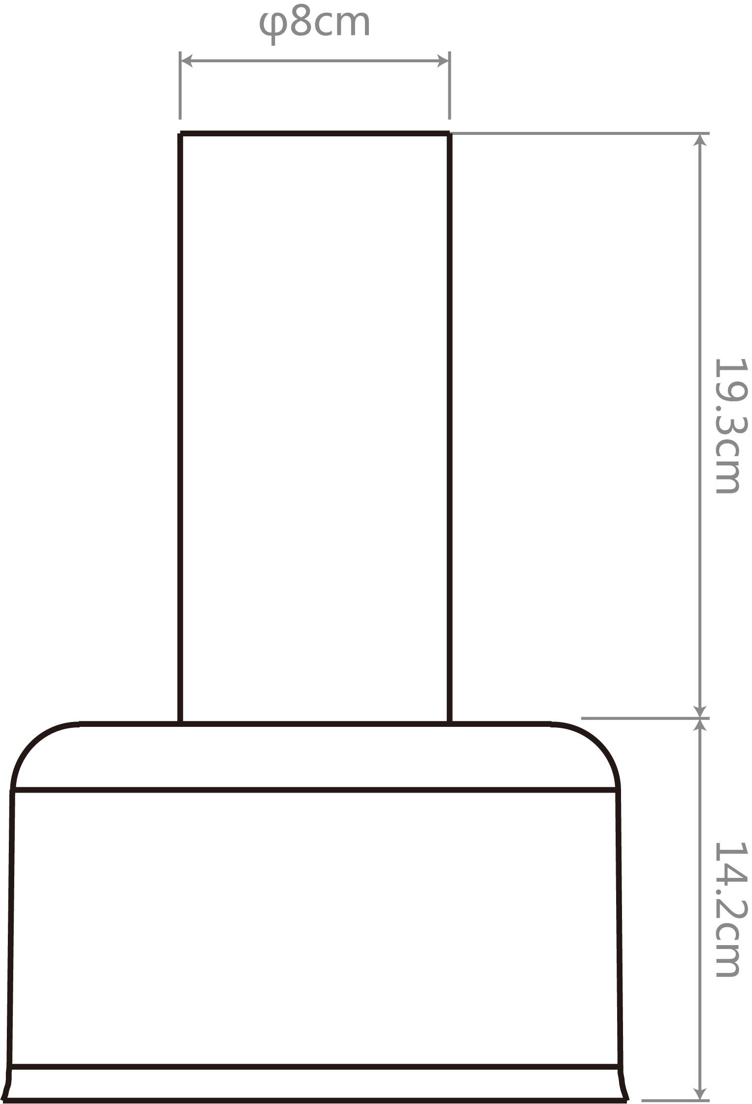 Rysunek techniczny obiektu cylindrycznego. Wysokość całkowita 19,3 cm, średnica 8 cm, dolna sekcja o wysokości 14,2 cm.