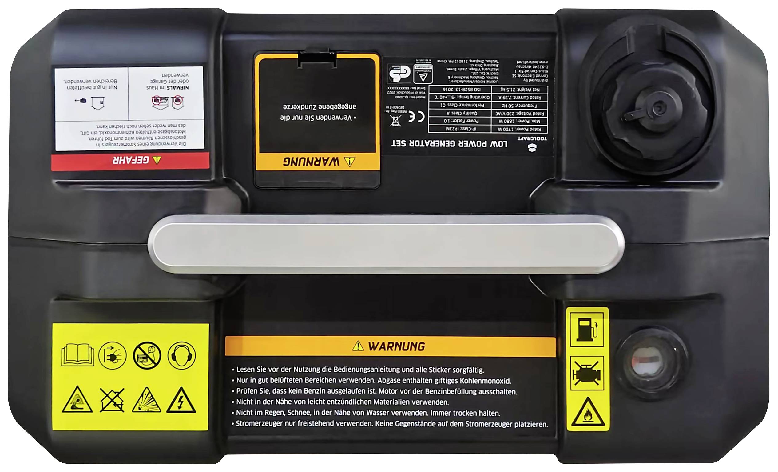 Чотиритактний інверторний генератор TOOLCRAFT 230 В/змінного струму, 12 В/постійного струму 21,5 кг 1700 Вт