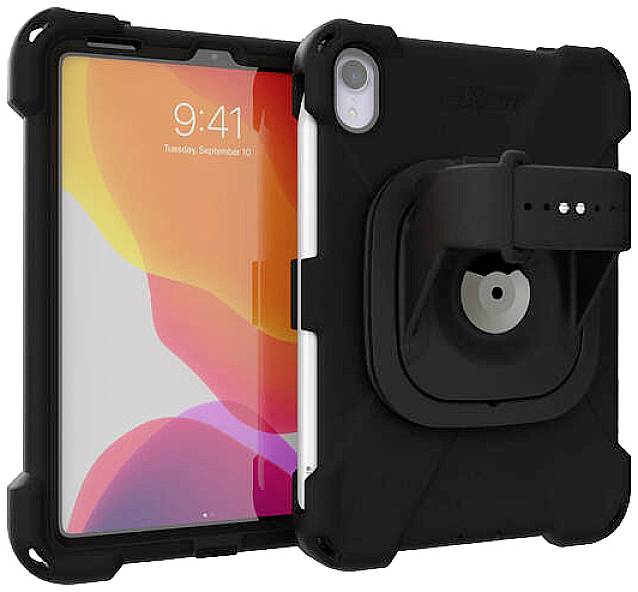 Tablet w wytrzymałej, czarnej obudowie ochronnej z zintegrowanym uchwytem i podstawką, wyświetlający godzinę i datę na ekranie.