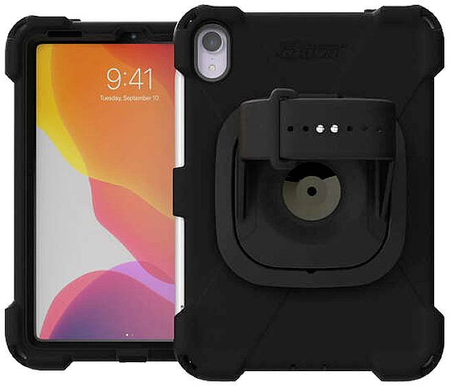 Czarna, wytrzymała obudowa do tabletu z wbudowanym stojakiem, przedstawiająca widok przedniego i tylnego ekranu urządzenia na tle kolorowego tła.