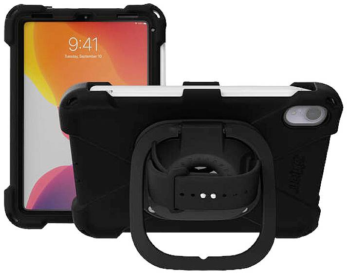 Dwie wytrzymałe obudowy do tabletów. Jedna przedstawia przednią stronę z ekranem, druga tylną stronę z regulowanym uchwytem i paskiem.