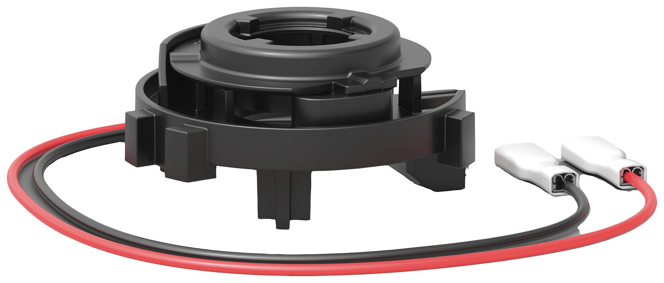 Czarny adapter z tworzywa sztucznego z dwoma przewodami w kolorach czerwonym i czarnym, które kończą się srebrnymi zaciskami.