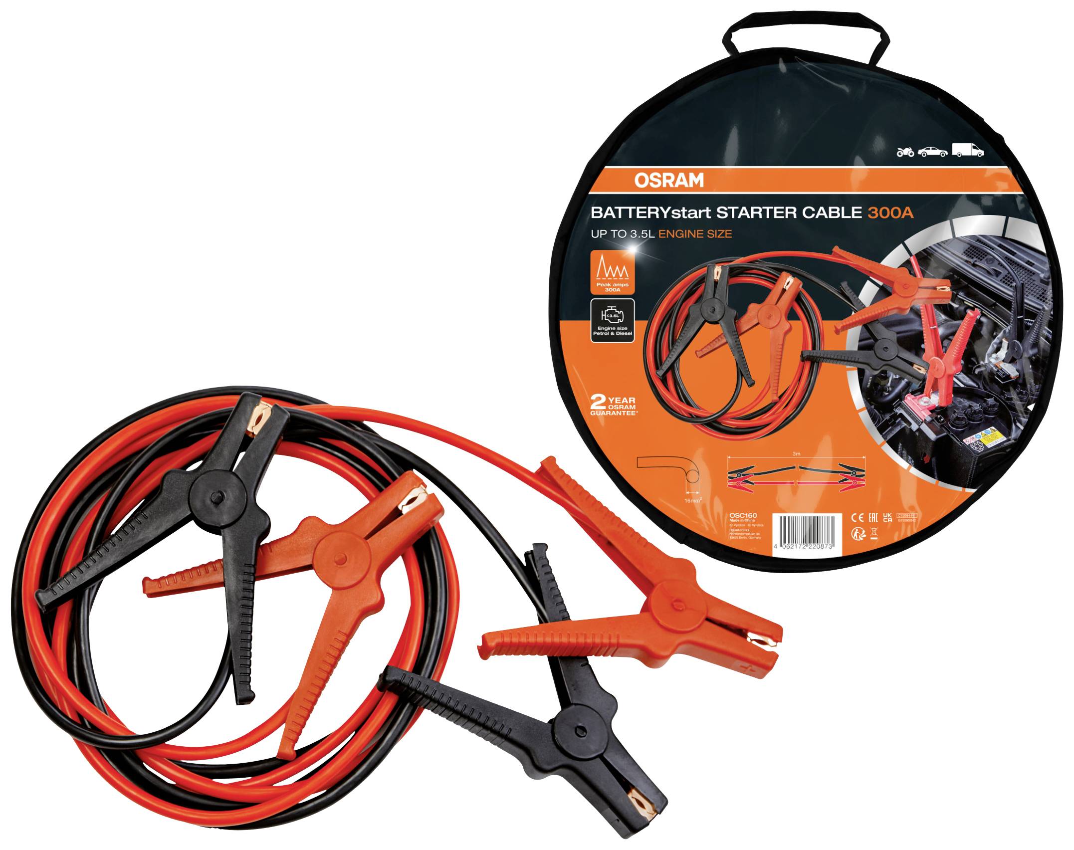 Стартерний кабель Osram Automotive BATTERYstart 300A, 16 мм², алюміній (покритий міддю), 3 м, з пластиковими клемами