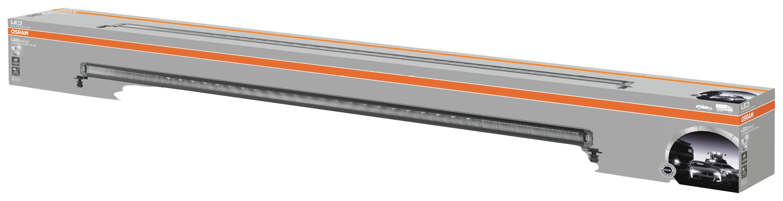 Opakowanie lampy LED OSRAM Lightbar, przeznaczonej do użytku w pojazdach. Prezentuje zdjęcie produktu wraz z diagramem technicznym na szarym tle.