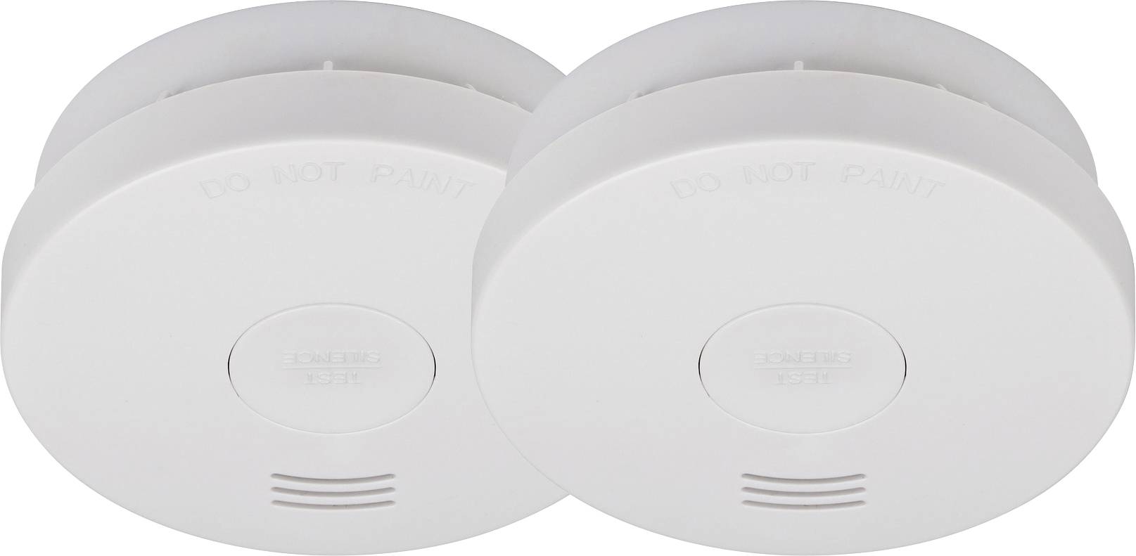 Dwa białe okrągłe czujniki dymu shown side by side on a white background.