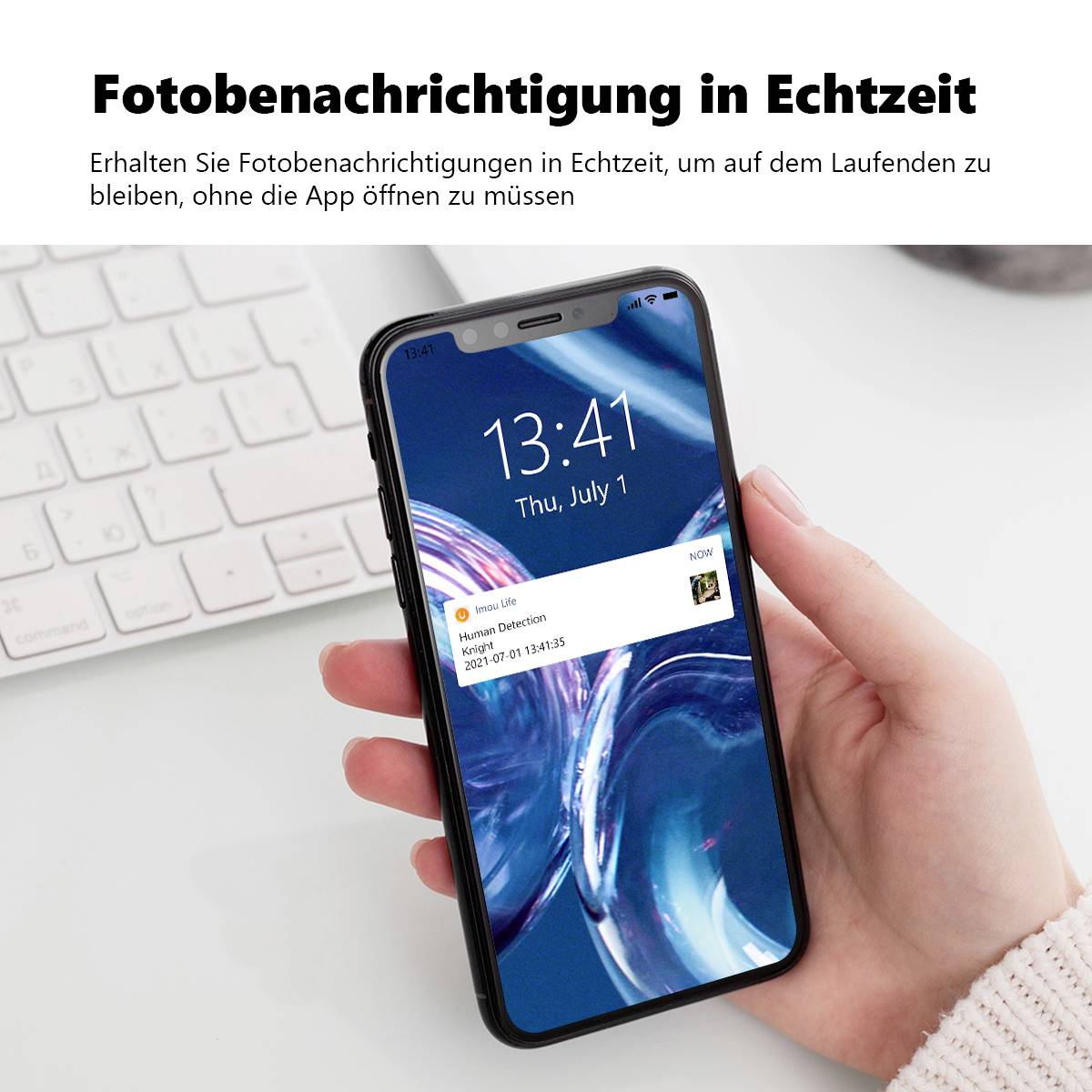 Smartfon wyświetla powiadomienie: 'Lifekeeps Detection - Nieznana osoba wykryta' z datą i godziną.