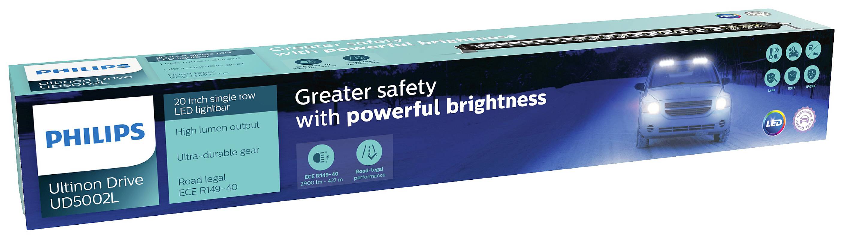 Opakowanie lampy LED Philips Ultion w wersji kątowej, prezentujące napis 'Więcej bezpieczeństwa dzięki mocnemu światłu' oraz samochód z włączonymi reflektorami.