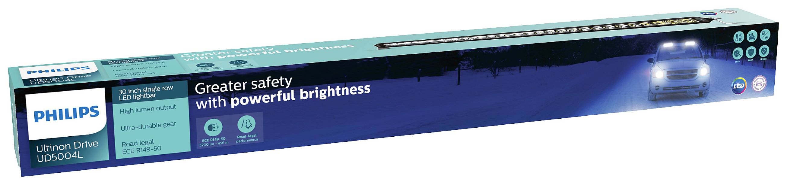 Opakowanie dla listwy LED Philips, model Ultinon Drive 5004, przedstawia samochód nocą z jasnymi światłami, napis: "Większe bezpieczeństwo dzięki potężnemu światłu".