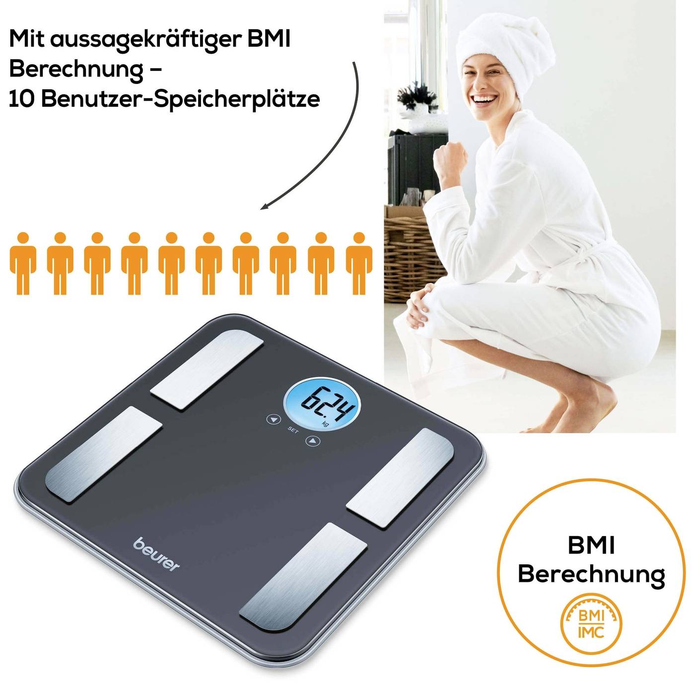 Kobieta w szlafroku śmieje się, stojąc na cyfrowej wadze. Tekst: Z miarodajnym obliczeniem BMI.