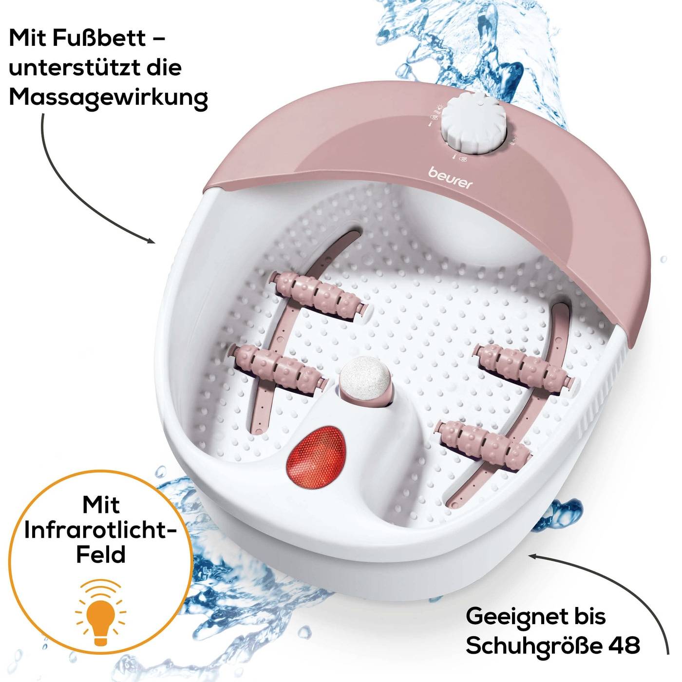 Urządzenie do kąpieli stóp Beurer z funkcją masażu i polem podczerwieni. Wspiera rozmiary butów do 48.