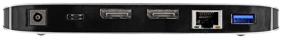 Tylna strona urządzenia z wieloma złączami, w tym złączem zasilania, dwoma złączami DisplayPort, gniazdem Ethernet oraz portem USB.