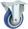 Metalowy uchwyt rolkowy z niebieskim kółkiem gumowym, odpowiedni do mebli mobilnych lub wózków.
