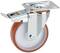 Stabilne kółko przemysłowe z obrotową metalową podstawą i czerwonym kołem z tworzywa sztucznego, odpowiednie do mebli lub urządzeń wymagających mobilności.
