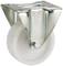 Rolka kierunkowa z metalowym uchwytem i białym kołem. Odpowiednia do zastosowań przemysłowych lub wózków transportowych. Solidna i wytrzymała.