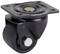 Czarne kółko jezdne z płytką mocującą, o błyszczącej powierzchni. Odpowiednie do mebli lub sprzętu, przyczynia się do zwiększenia mobilności.
