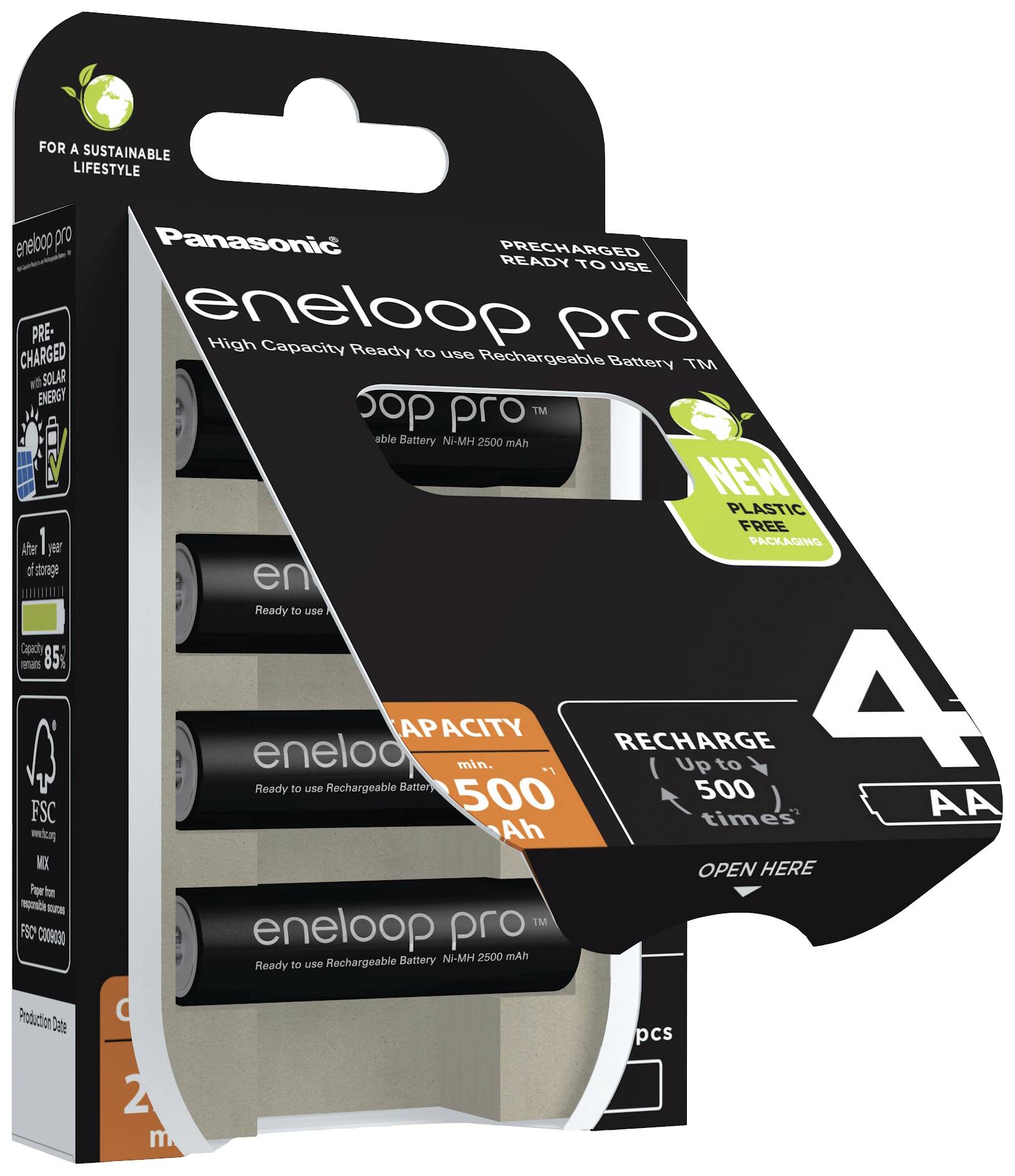 Czteropak akumulatorów Panasonic 'eneloop pro' AA, ładowalnych, o pojemności 2500 mAh, do 500 cykli ładowania, w opakowaniu wolnym od plastiku.