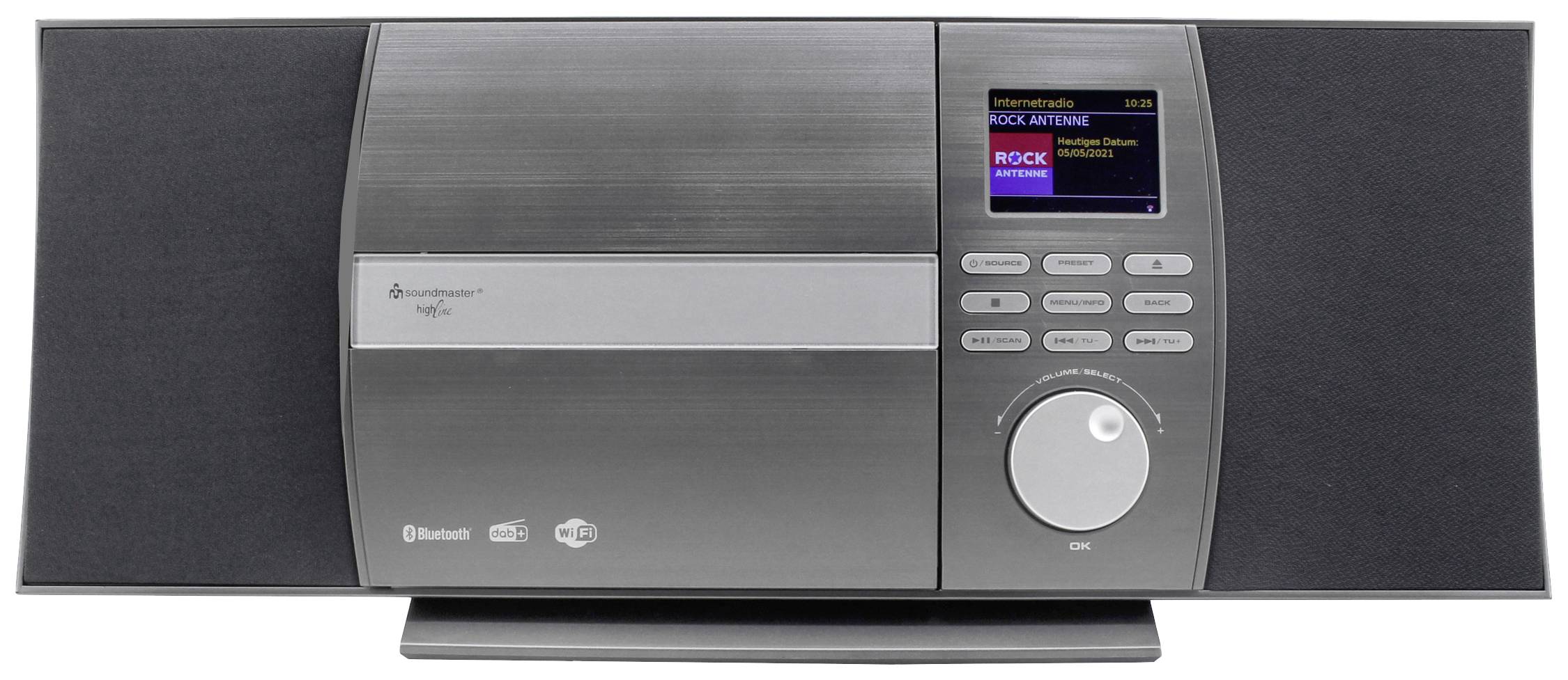 Nowoczesne, prostokątne radio z czarnymi głośnikami i wyświetlaczem cyfrowym, na którym widnieje napis 'Rock Antenne'.