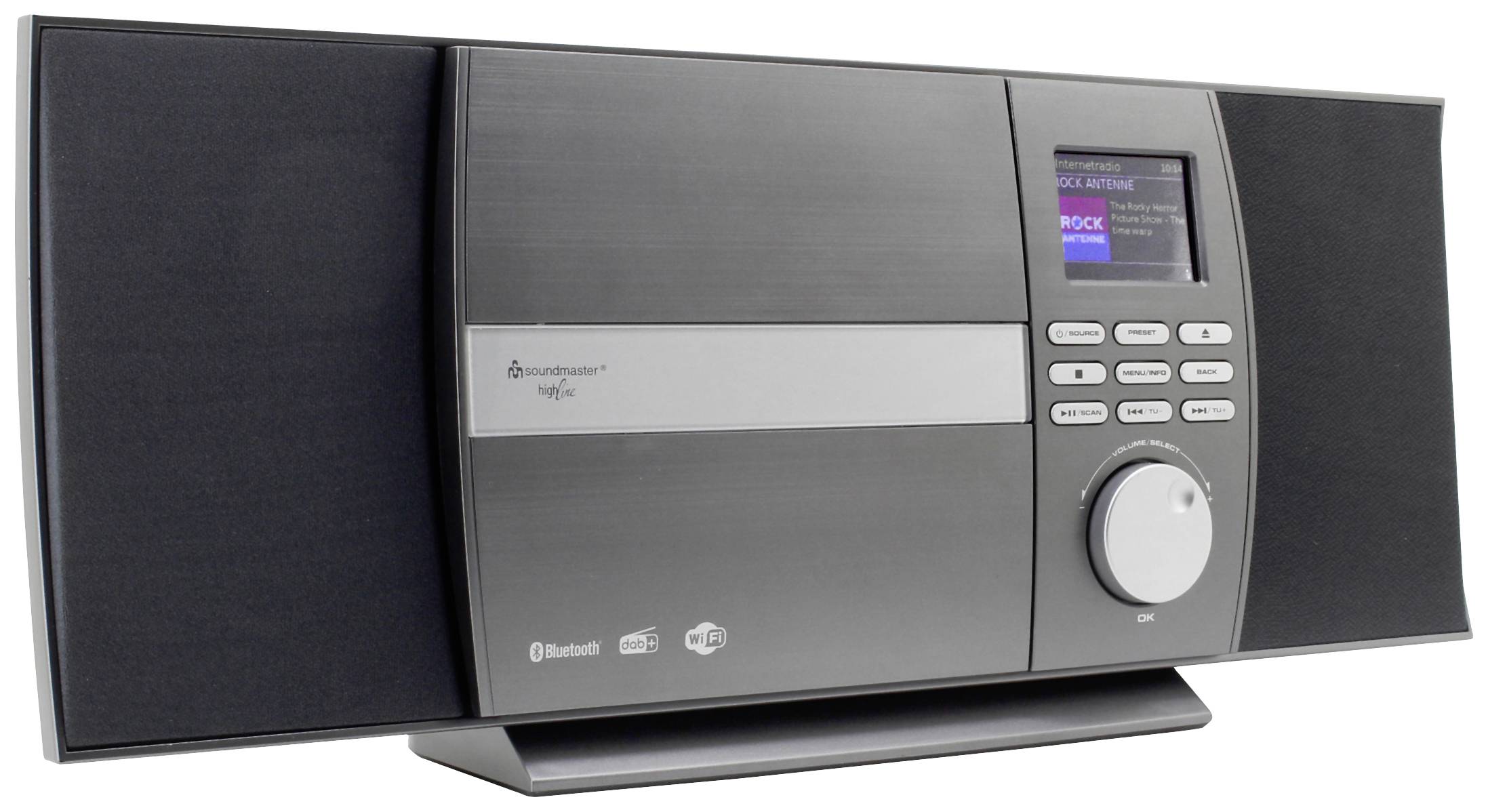 Nowoczesny system audio z radiem FM/AM oraz funkcją Bluetooth. Wyświetlacz pokazuje aktualnie słuchany kanał rockowy.