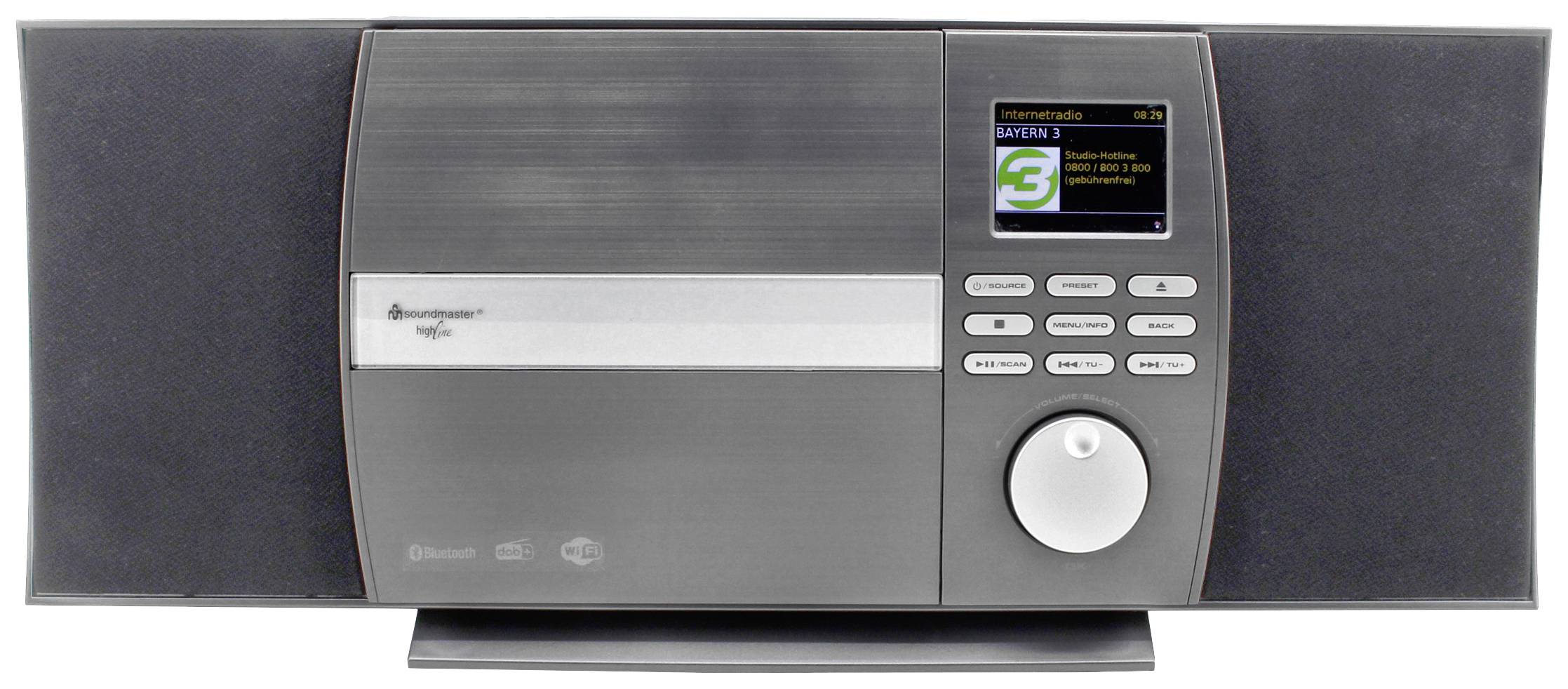 Srebrne radio z wyświetlaczem i kilkoma przyciskami. Na wyświetlaczu widoczny jest logotyp stacji radiowej.