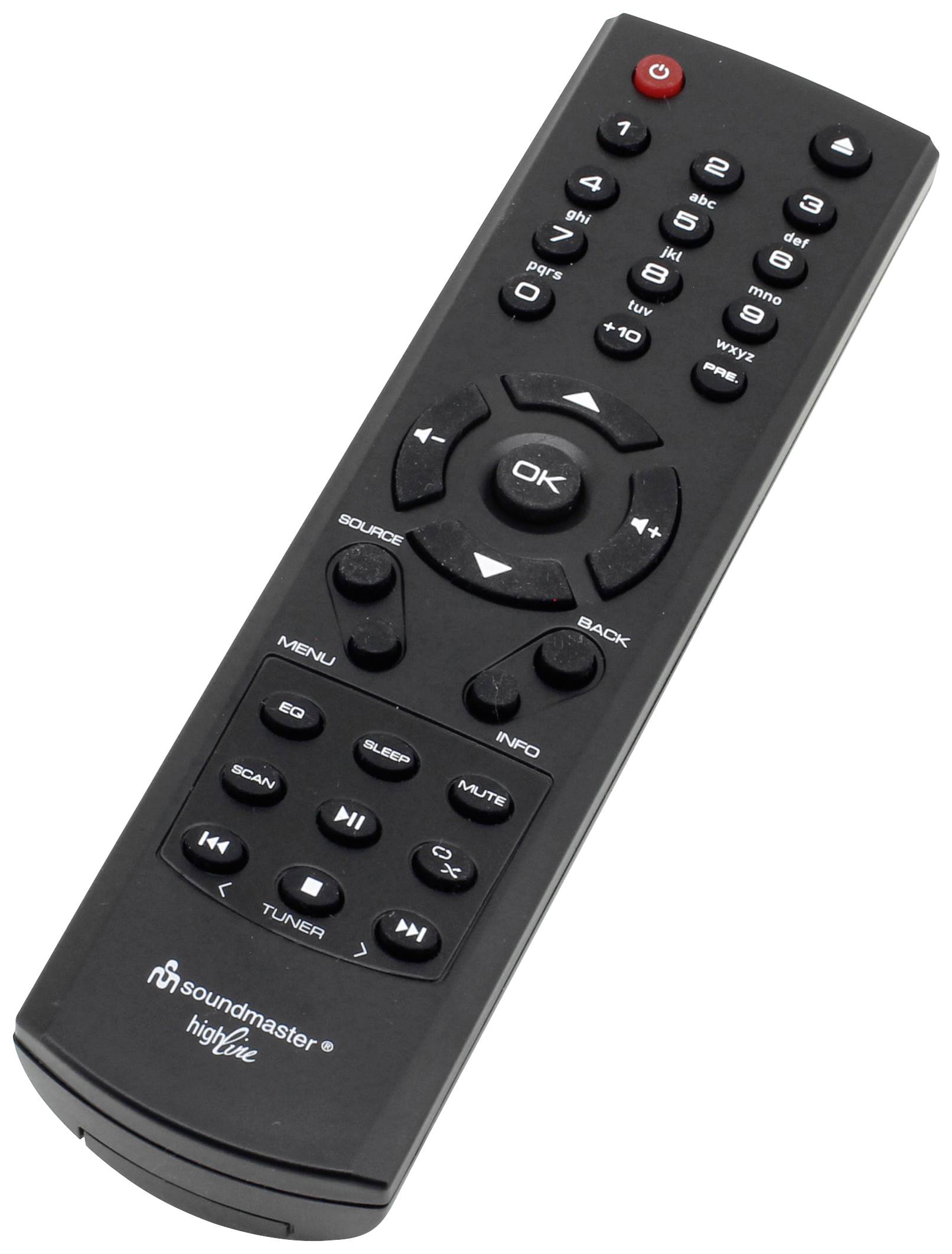 Czarna pilot zdalnego sterowania z wieloma przyciskami, w tym czerwonym przyciskiem włączania/wyłączania w lewym górnym rogu. Po lewej stronie widoczna marka 'soundmaster'.