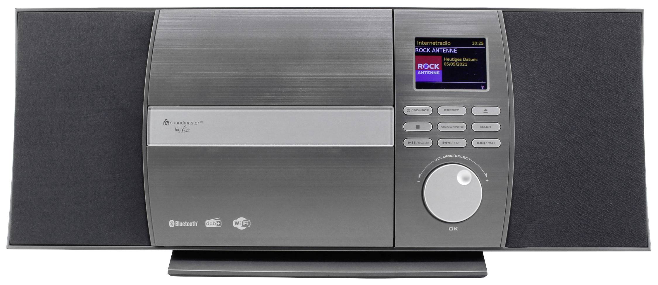 Kompaktowy, nowoczesny odtwarzacz radia i płyt CD w kolorze srebrno-czarnym z wyświetlaczem i elementami sterującymi z przodu.