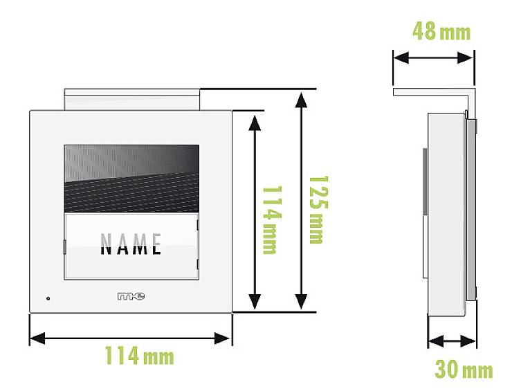 Rysunek urządzenia elektrycznego z podanymi wymiarami: 125 mm wysokości, 114 mm szerokości, 48 mm głębokości. Prostokątny wyświetlacz z wyświetloną nazwą.