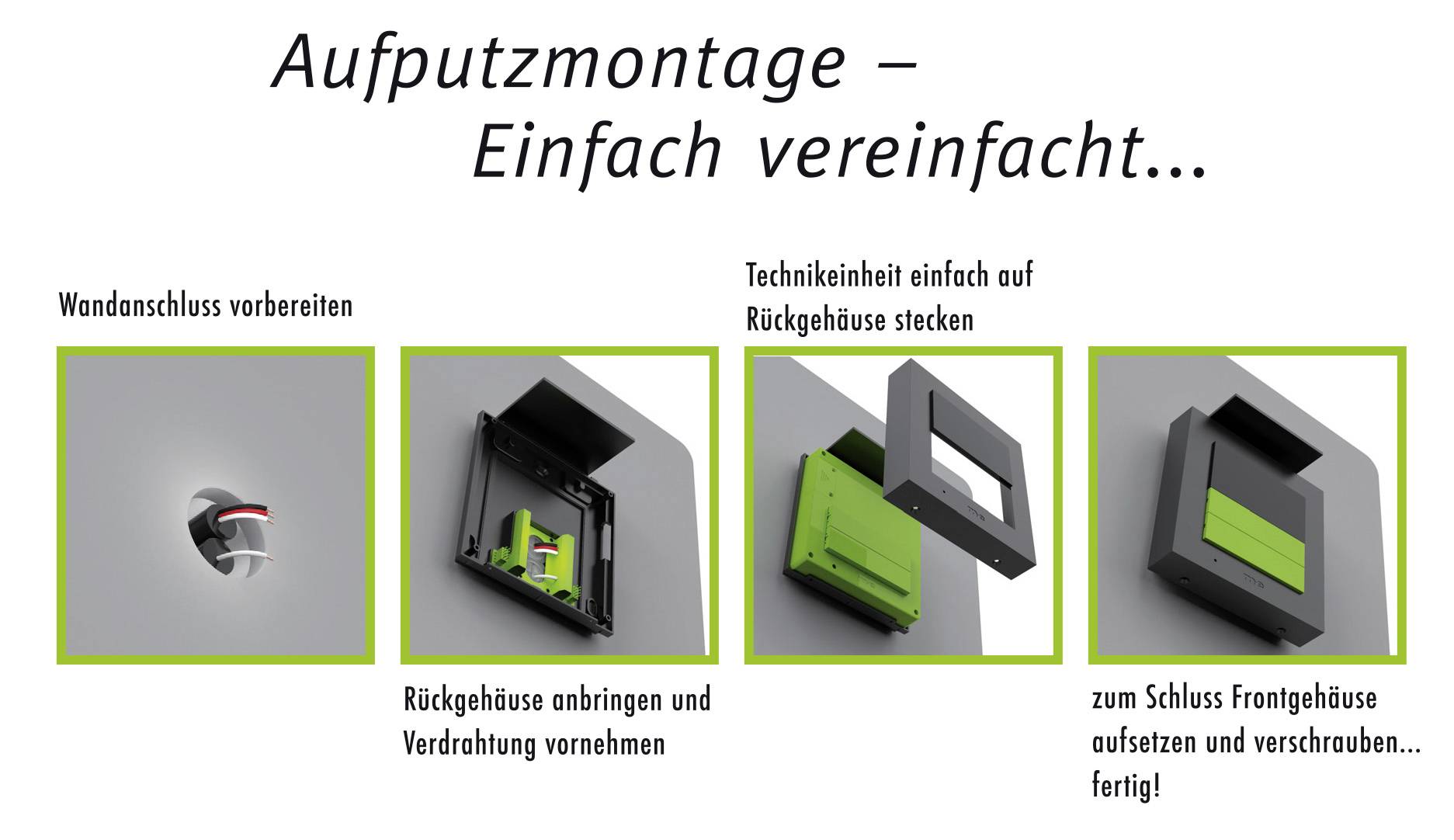 Instrukcja montażu tynku: przygotowanie przyłącza ściennego, zamocowanie obudowy tylnej, włożenie jednostki technicznej, przykręcenie obudowy przedniej.