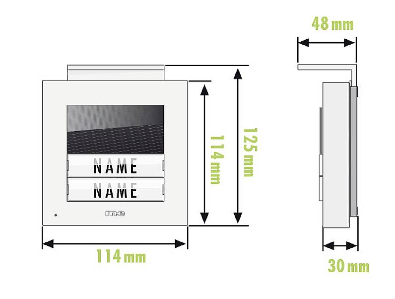Elektroniczny identyfikator z możliwością wypisania nazwy o wymiarach 114 mm x 125 mm x 30 mm. Posiada dwie powierzchnie przeznaczone do naniesienia nazw.