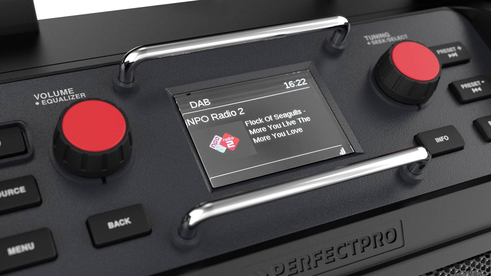 Будівельне радіо PerfectPro RockPro DAB+, метрові хвилі (VHF), функція заряджання акумулятора, захист від бризок, пилонепроникне, 