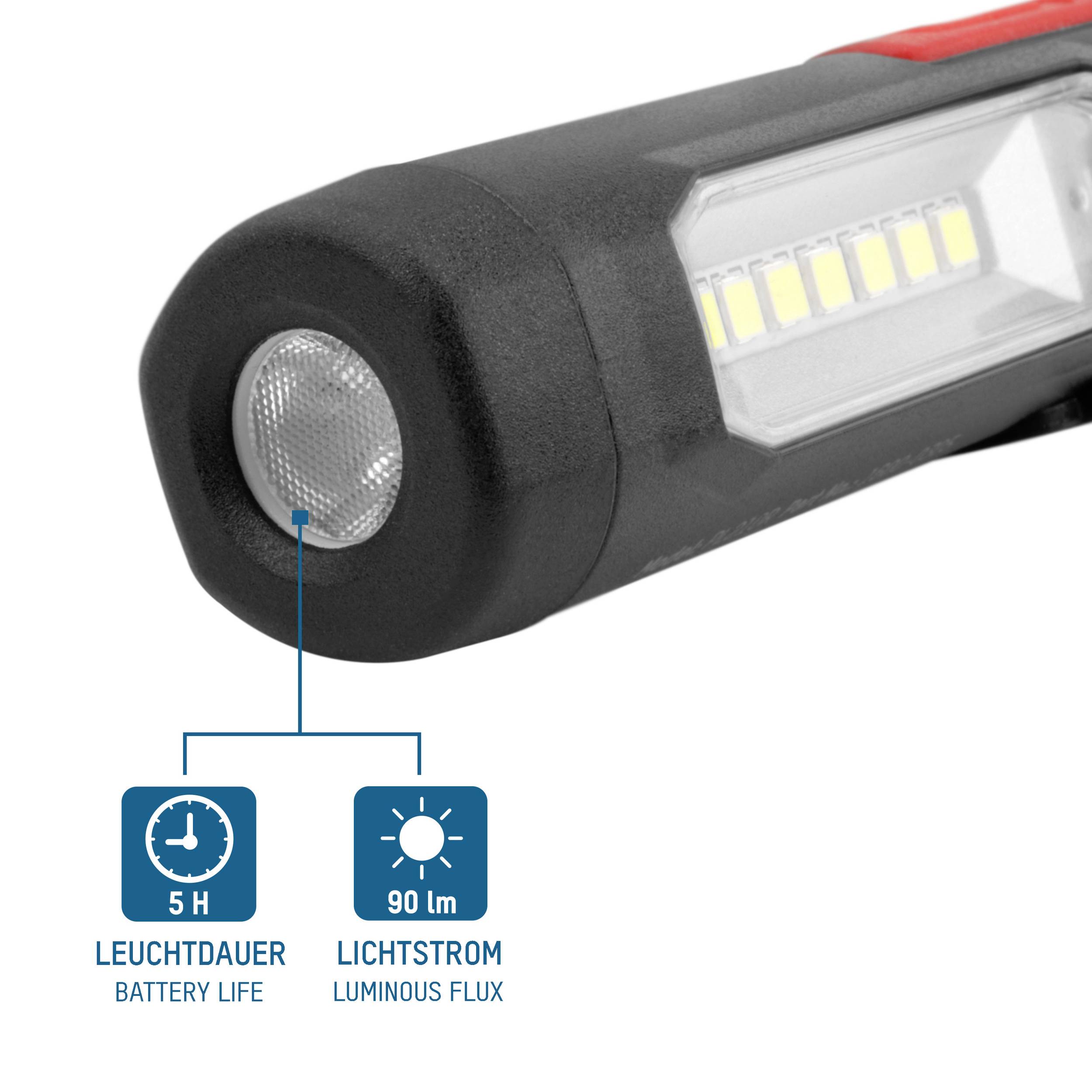 Latarka z pięcioma diodami LED, czas świecenia 5 godzin, strumień świetlny 90 lumenów.