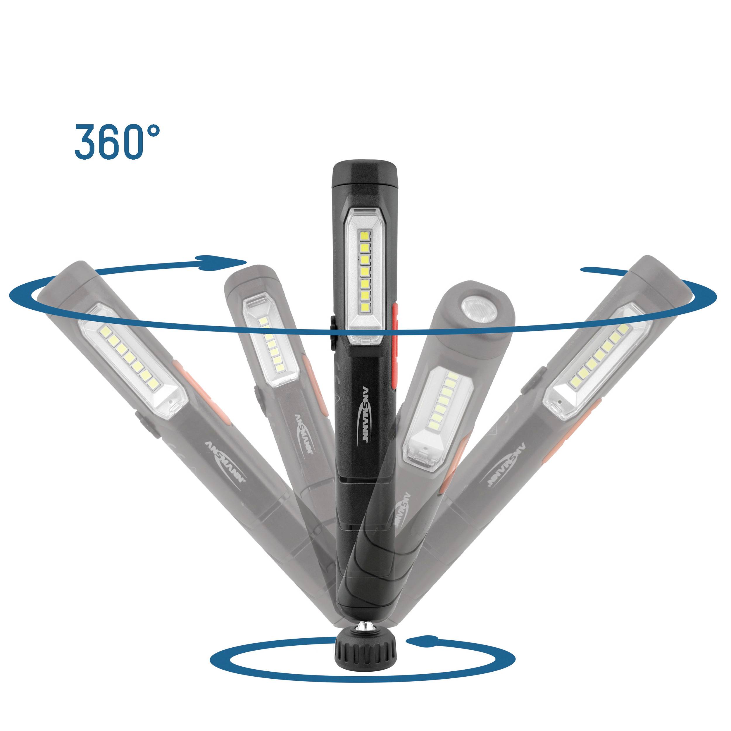 'Prezentacja lampy warsztatowej z funkcją obrotu 360 stopni, przedstawiona w różnych przekręconych pozycjach.'