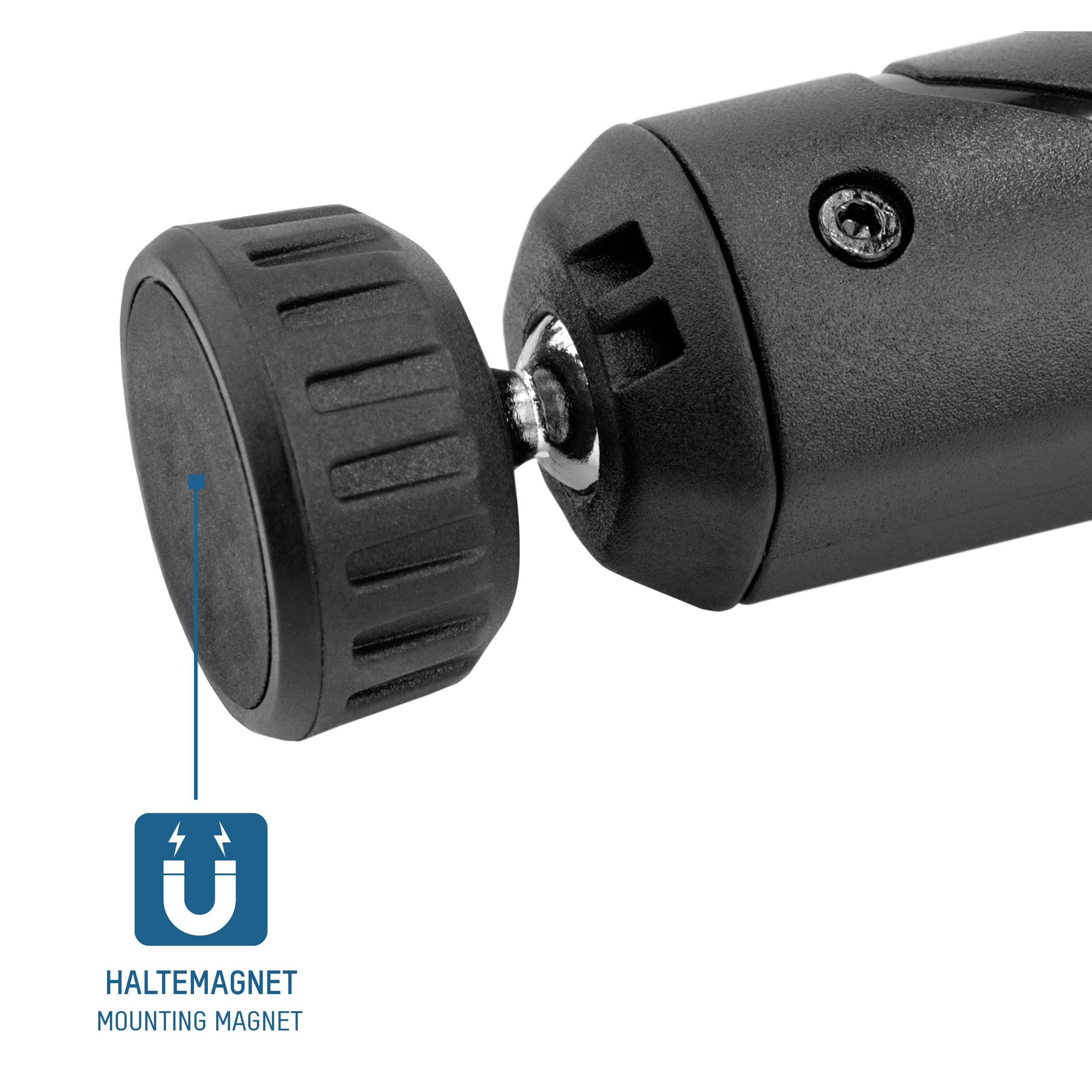 Czarny elektromagnes z napędem śrubowym i napisem 'MAGNES MOCUJĄCY HALTEMAGNET'. Magnes jest cylindryczny z rowkowanym mechanizmem obrotowym.