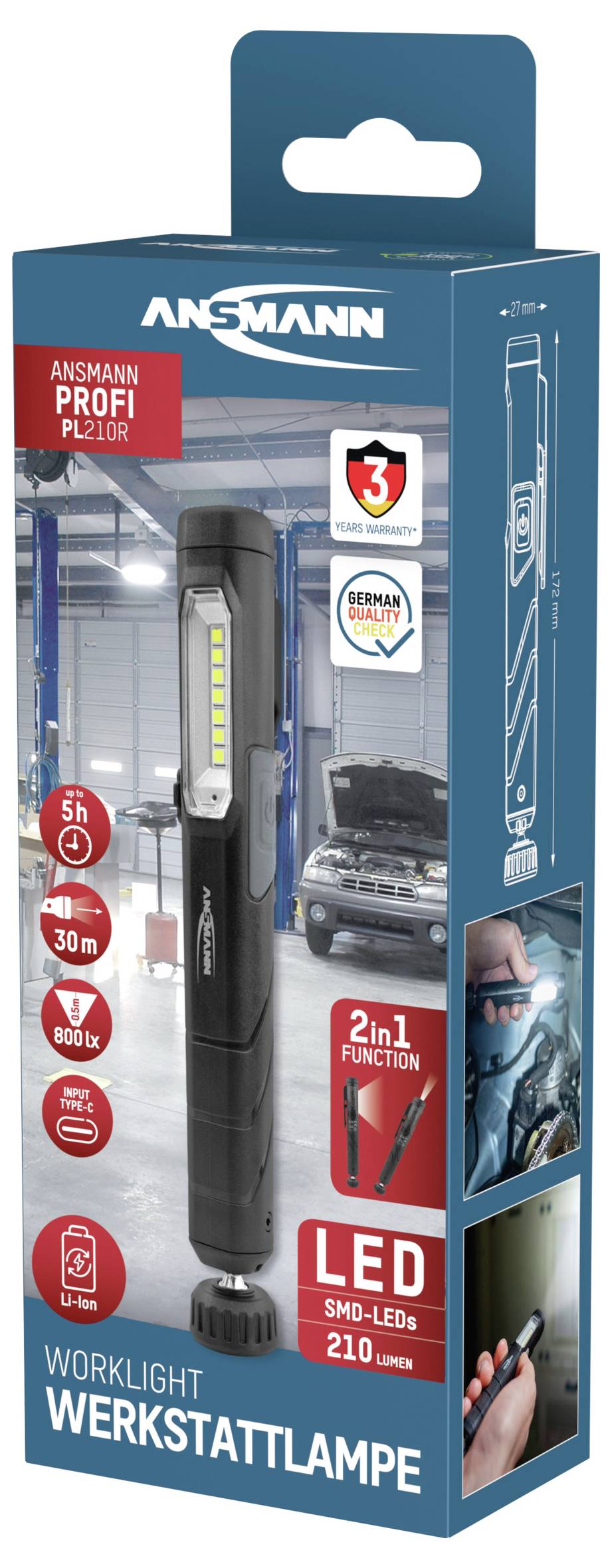 Opakowanie lampy warsztatowej LED firmy Ansmann o mocy 210 lumenów, czasie pracy 5 godzin i zasięgu świecenia 30 metrów. Zawiera ilustrację lampy.