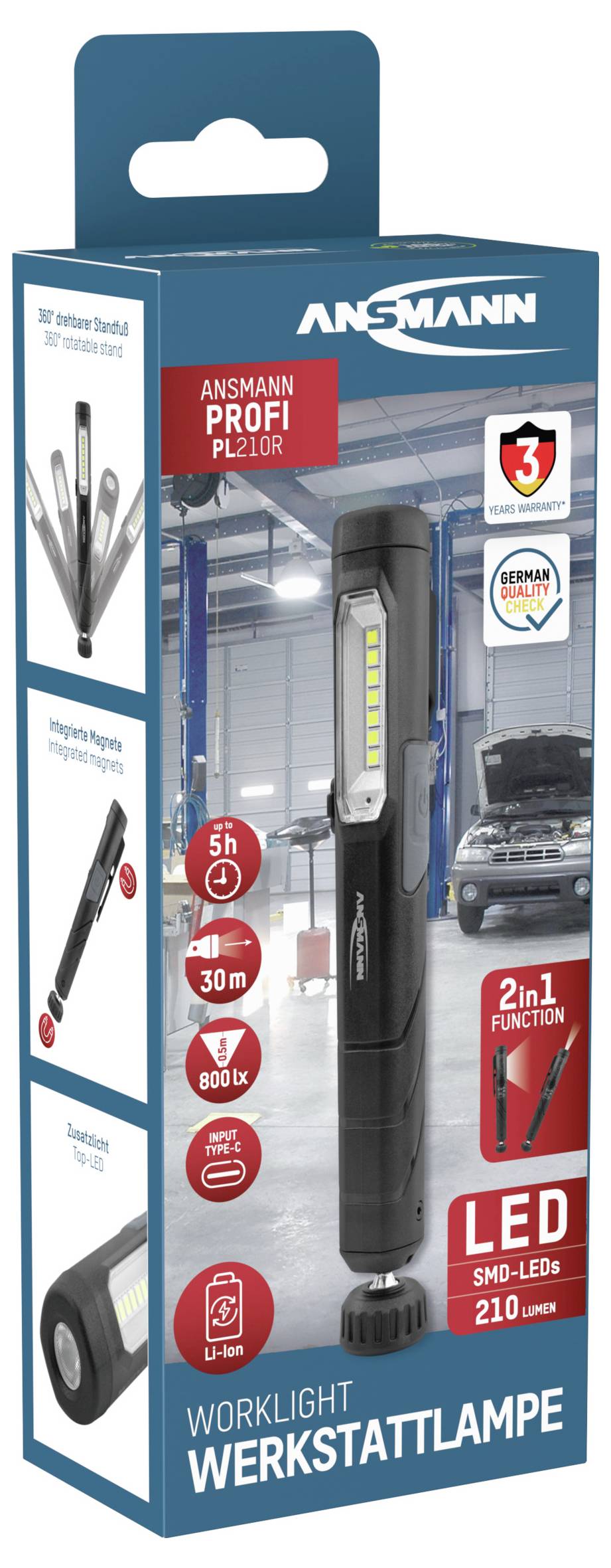 Opakowanie lampy warsztatowej LED Ansmann PL210R o mocy 210 lumenów z funkcją 2 w 1. Przedstawia informacje o produkcie oraz wskazówki gwarancyjne.