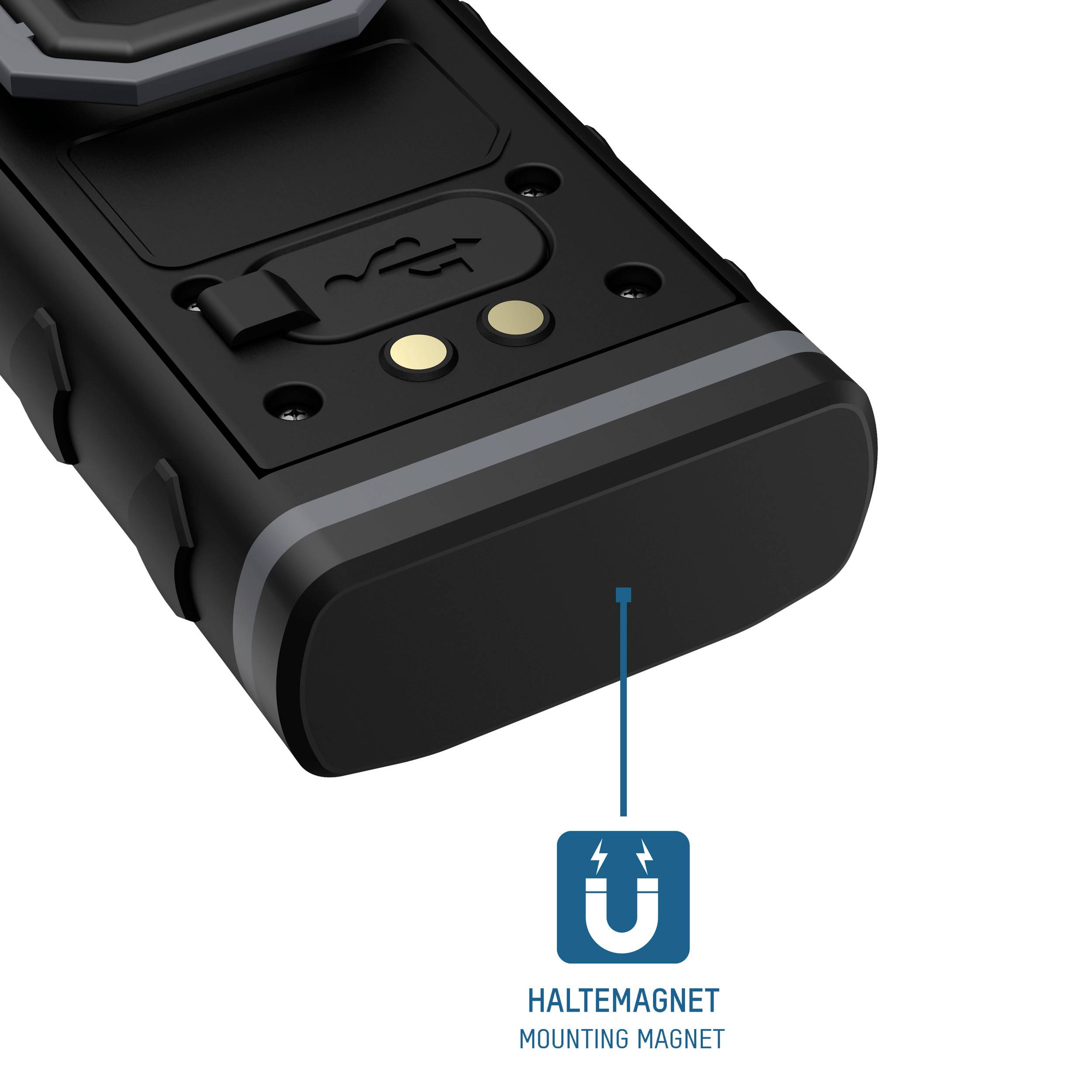 Przedstawiono przenośne urządzenie z magnesem montażowym. Niebieski strzałka wskazuje na 'magnes mocujący', który służy do zamocowania.